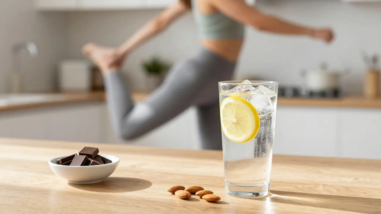 Sklenice perlivé vody s citronem, čokoláda a mandle na kuchyňské lince.