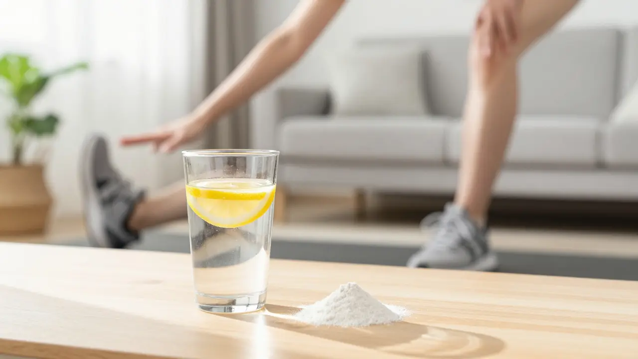 Sklenice vody s kolagenem a citronem vedle osoby cvičící jemný pohyb.