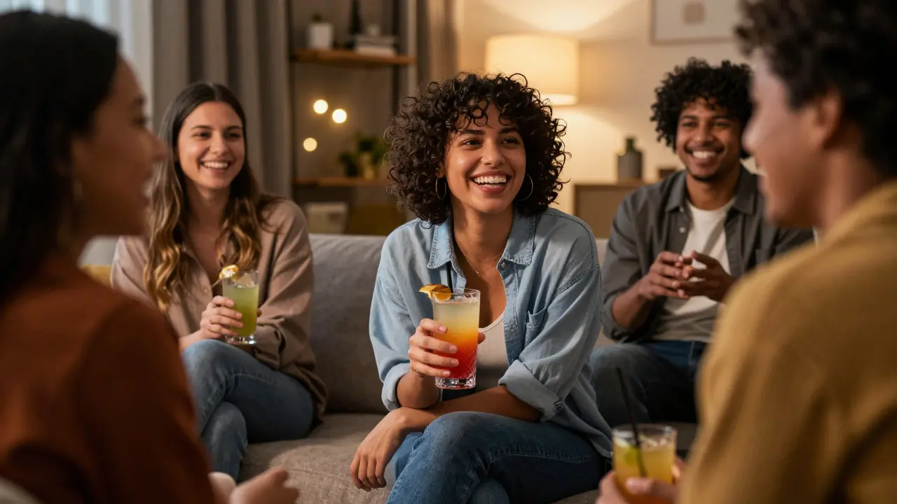 Šťastný člověk s nealkoholickým drinkem v ruce v doprovodu přátel v obývacím pokoji.