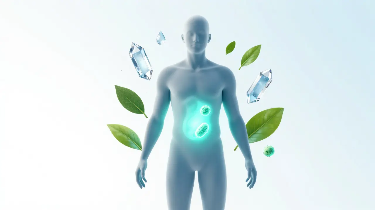 Stylizovaná postava člověka s regenerujícím se zažívacím traktem a čistou vodou.