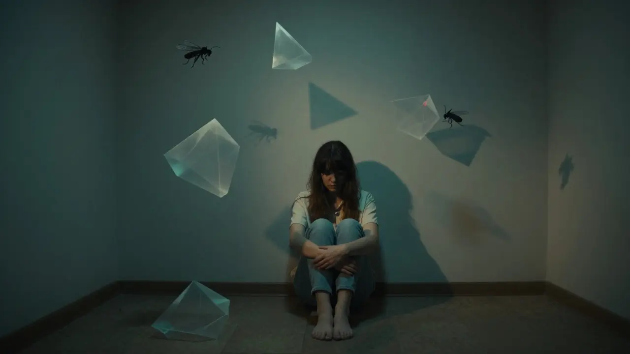 Surreálný obraz znázornující halucinace a dezorientaci během delirium tremens.