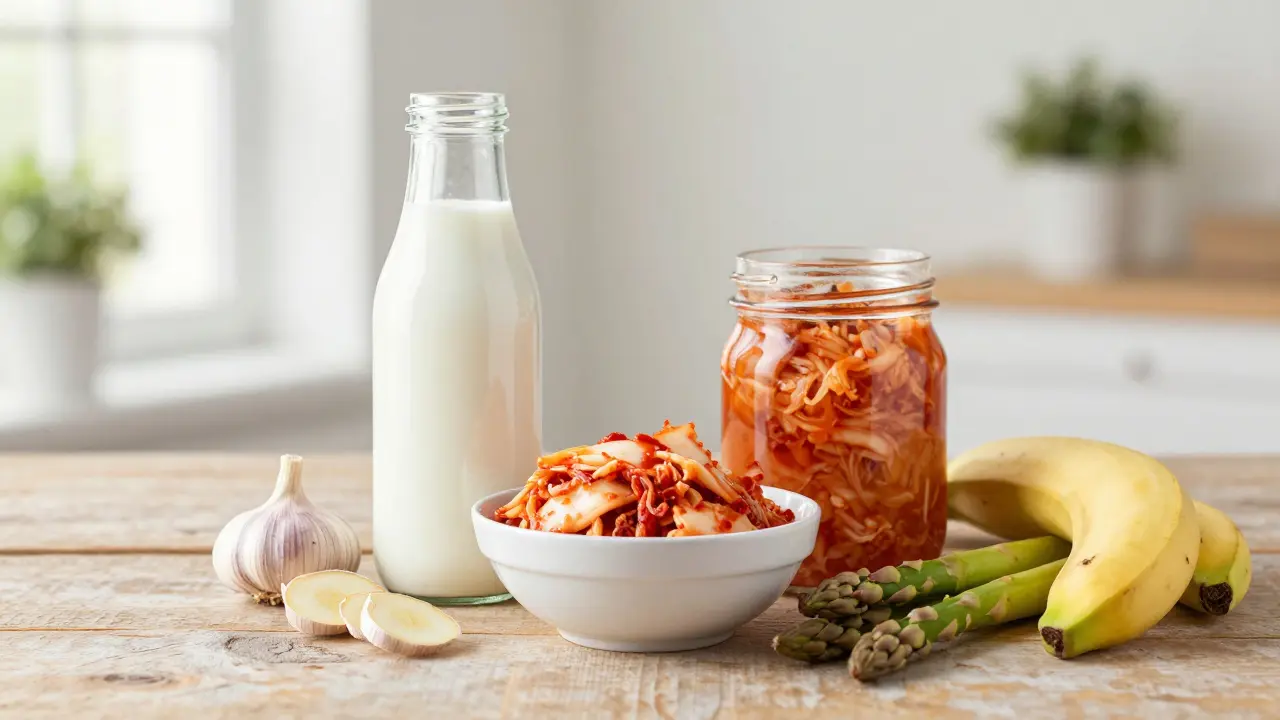 Svíže připravený kefir, kimchi a kysané zelí s česnekem a chřestem.