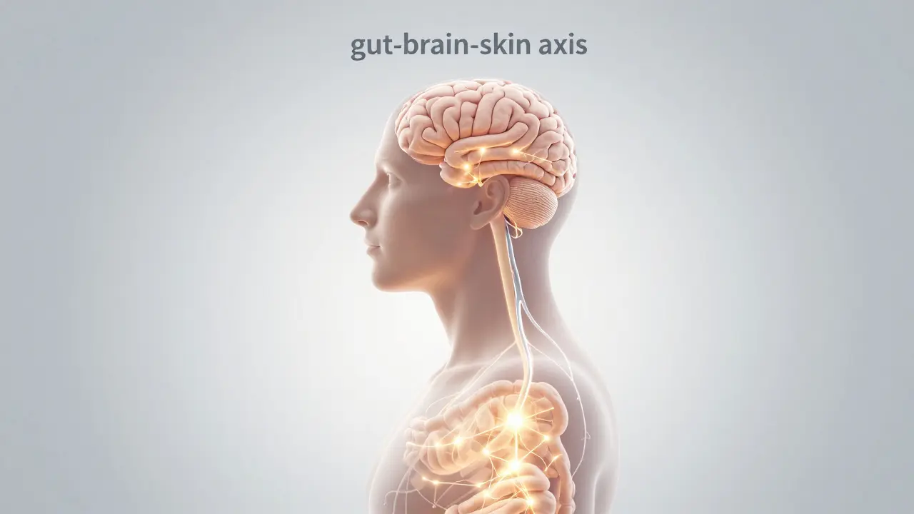 Umělecké znázornění propojení mezi zdravím střev, mozku a pleti.