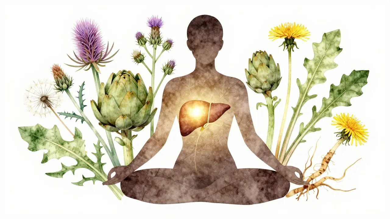 Umělecké znázornění regenerace jater s bylinami jako ostropnice a pampeliška.