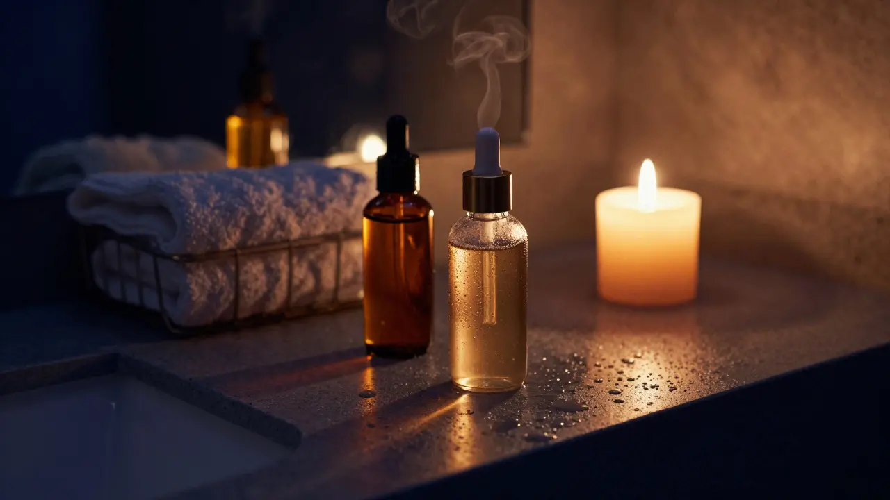 Večerní péče s krémy na regeneraci pleti v teplém světle.