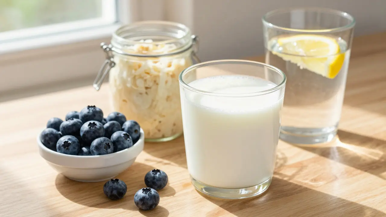 Zdravá snídaně s kefírem, borůvkami a fermentovanou zeleninou pro podporu střev.