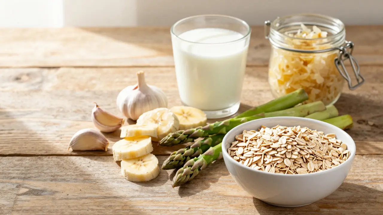 Zdravé potraviny bohaté na prebiotika, jako je česnek, banány a chřest.