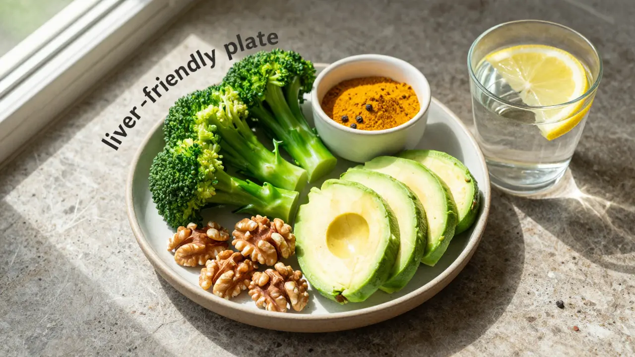 Zdravý talíř s brokolicí, avokádem, vlašskými ořechy a vodou s citronem.