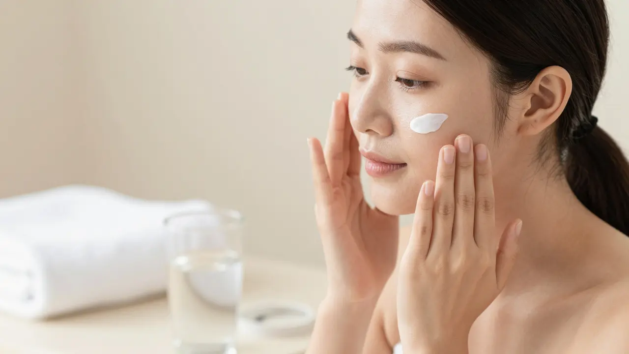 Žena nanáší hydratační krém na svěží a zářivou pleť.