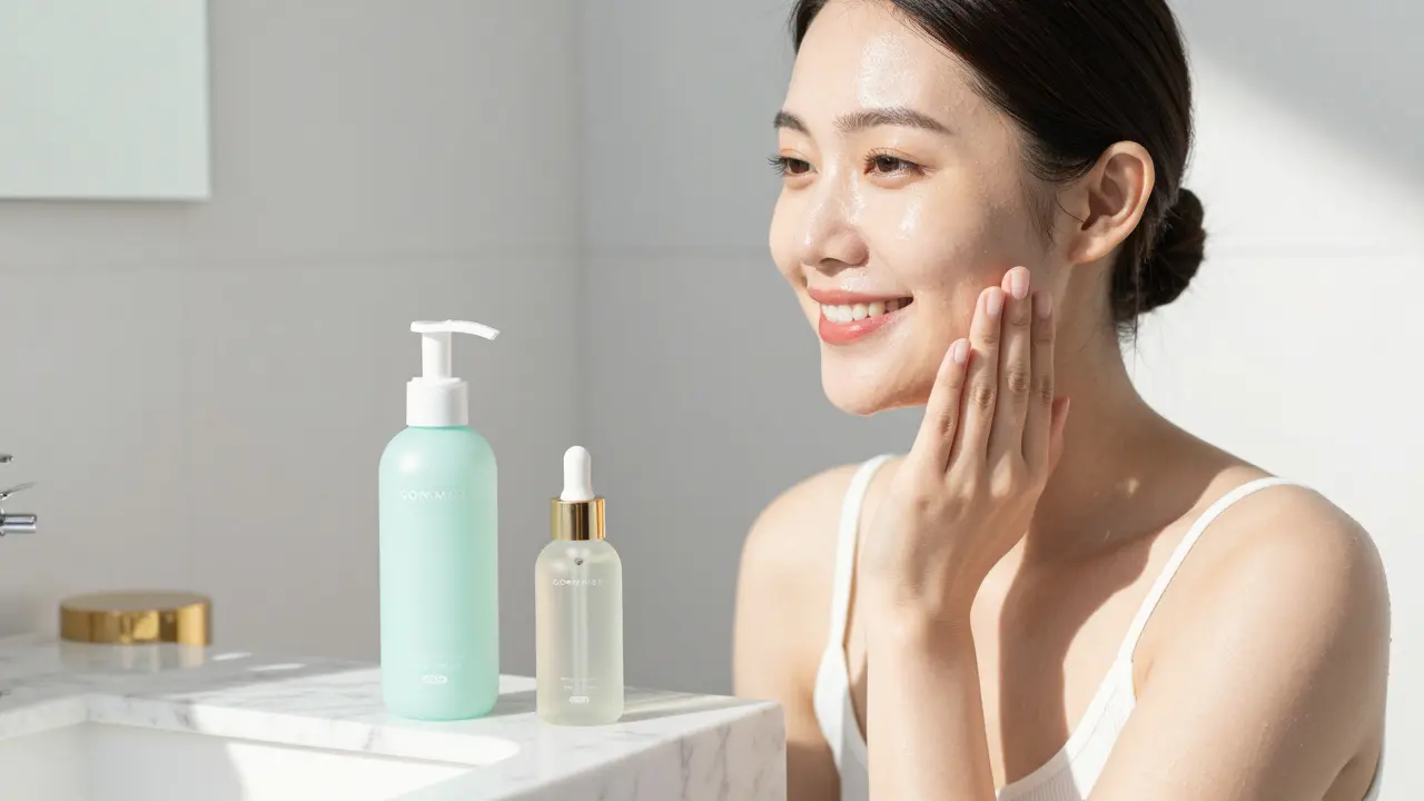 Žena s rozjasněnou pletí v koupelně s produkty pro péči o pleť na mramorovém stole.