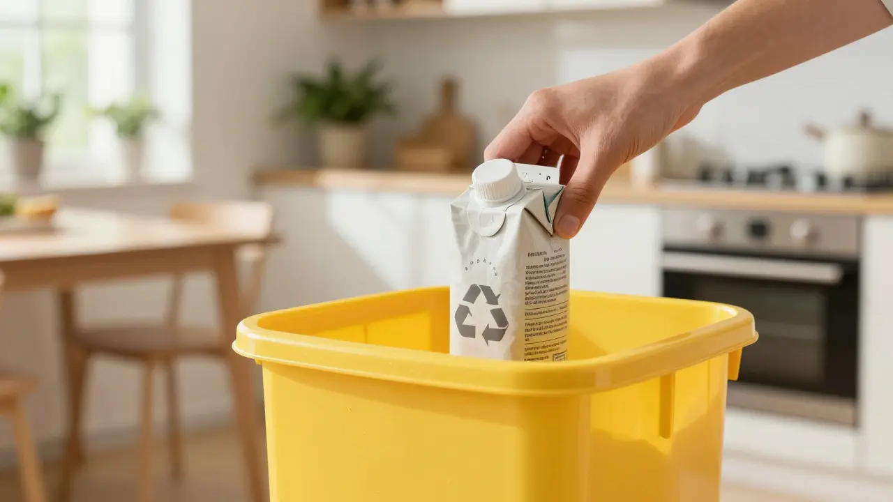 Zploštěný nápojový karton s víčkem vhazovaný do žlutého kontejneru na plasty.