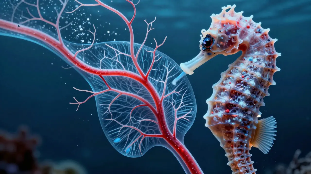 Anatomický pohled na výměnu plynů v žábře mořského koníka