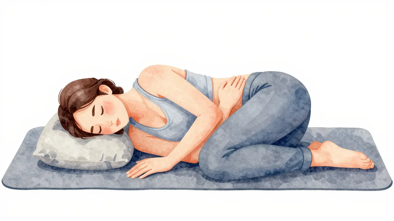 Ilustrace člověka provádějícího protahovací cvik na boku s polštářem mezi koleny.