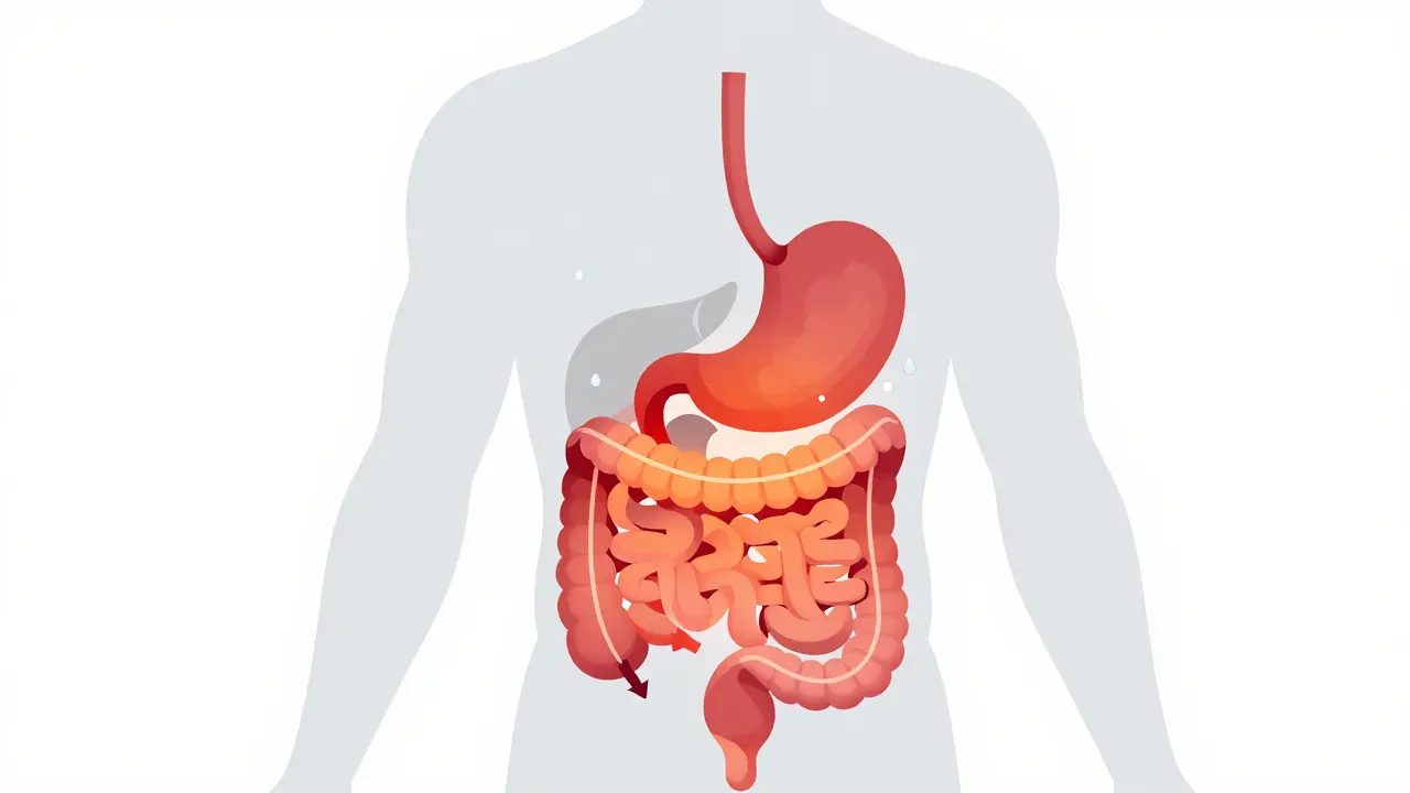 Konceptuální ilustrace lidského trávicího traktu ukazující podráždění žaludku a střev kvůli nadbytku vitamínu.