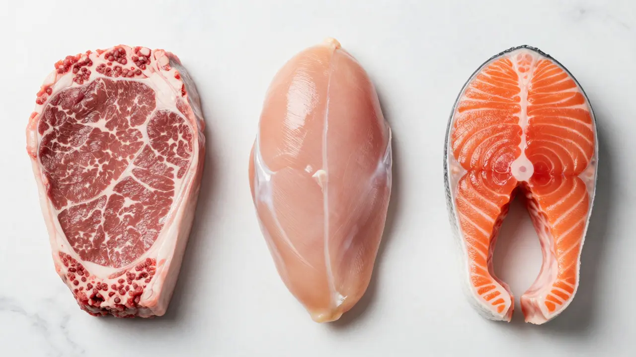 Makro záběr surového hovězího, kuřecího masa a lososa pro srovnání živin.