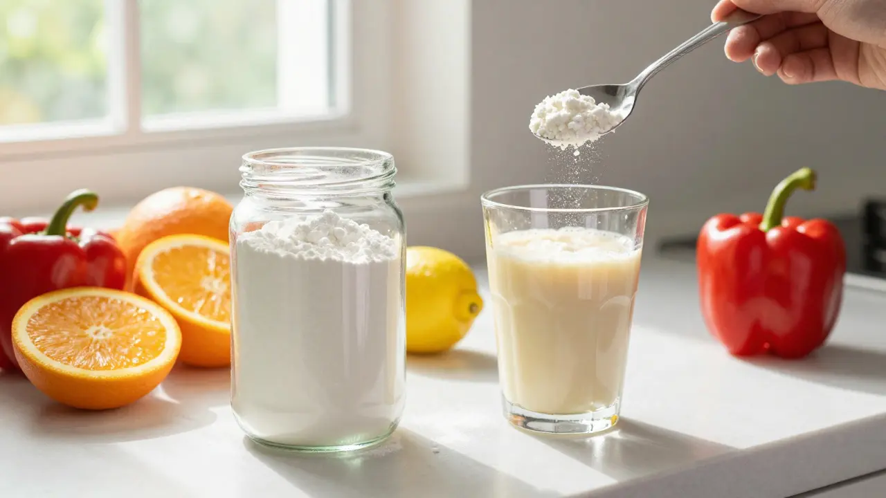 Sklenice s práškem mořského kolagenu a citrusovým ovocem na kuchyňském pultě.