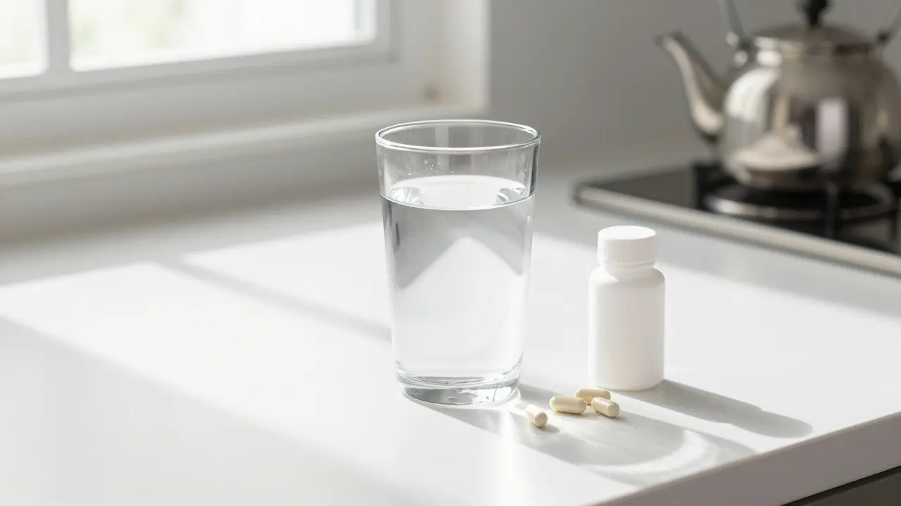Sklenice vody vedle probiotik jako bezpečná volba