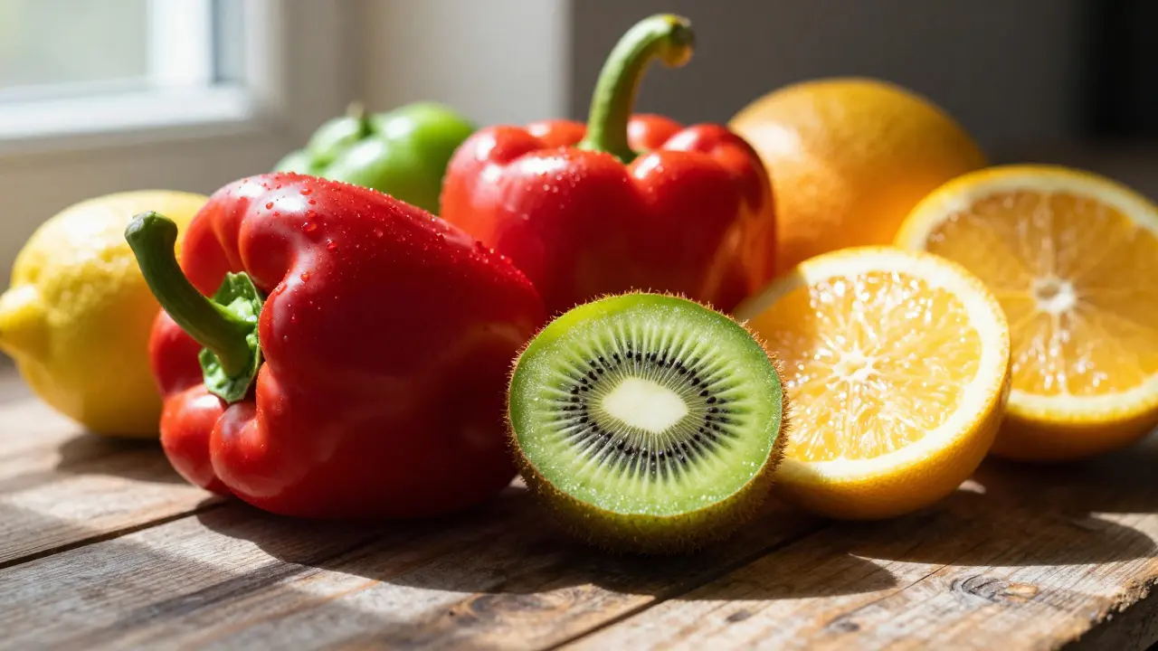 Svěžích ovoce a zeleniny bohatých na vitamín C, jako je paprika, kiwi a citrusy, na dřevěném povrchu.