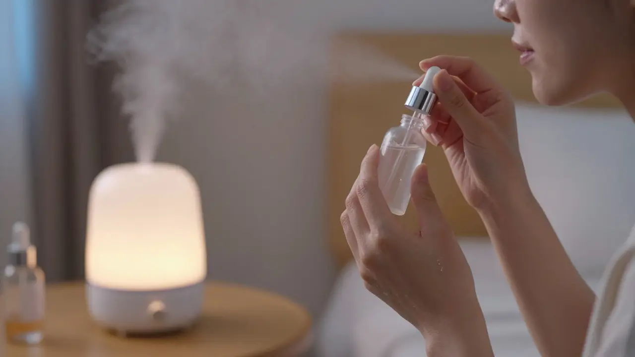 Žena aplikuje hydratační sérum v klidné ložnici s zvlhčovačem vzduchu.