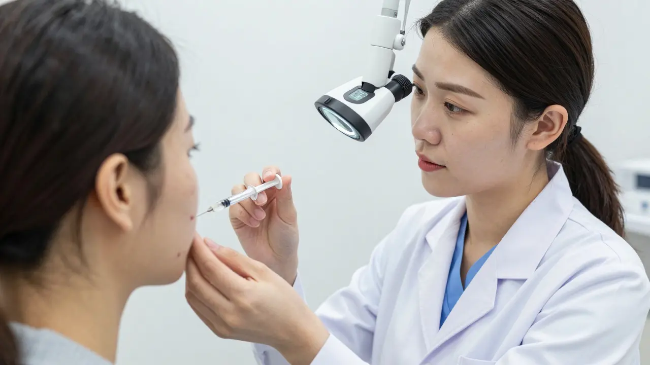 Dermatolog provádí injekci kortikosteroidu do cystického akné