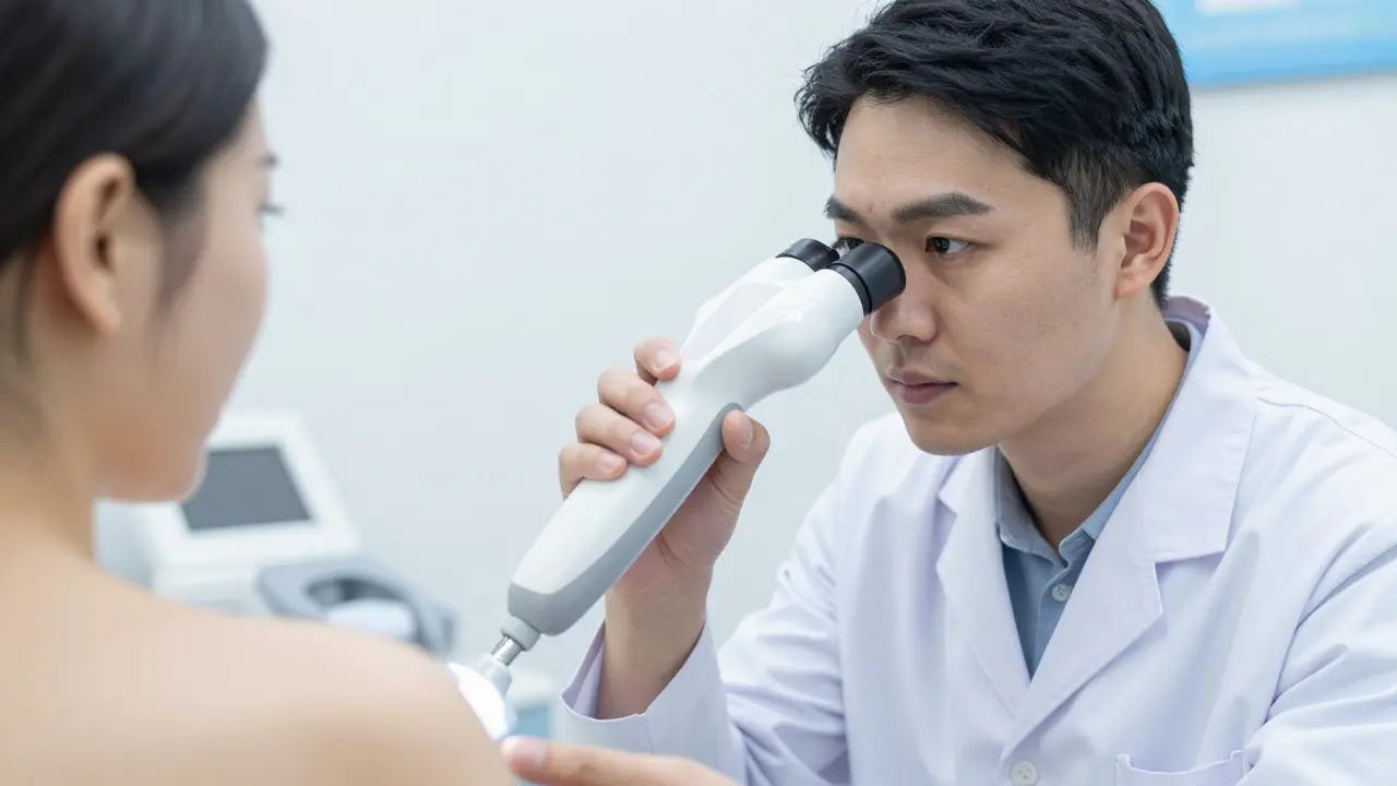 Dermatolog vyšetřuje kůži pacienta pomocí dermatoskopu v ordinaci