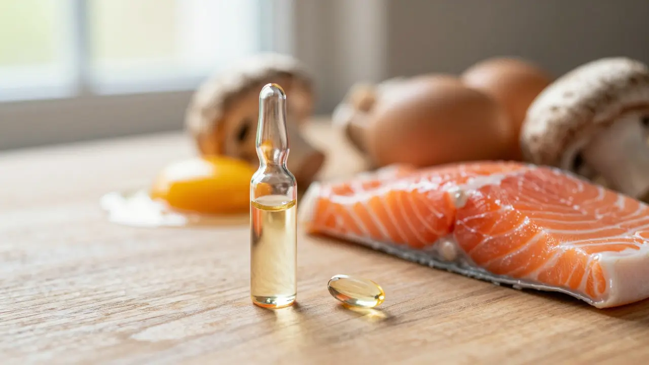 Doplňky vitamínu D a potravinové zdroje na stole