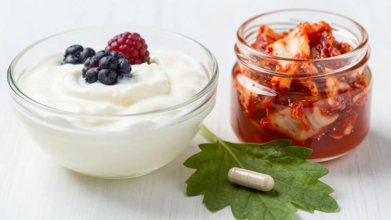 Jogurt, kimchi a probiotická kapsle na světlém stole