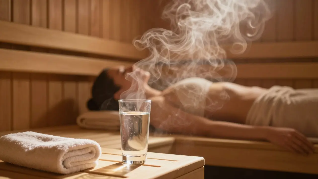 Osoba odpočívající ve sauně se stoupající parou