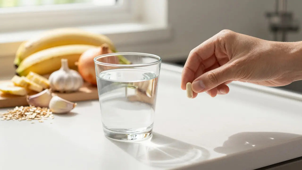 Probiotická kapsle a voda vedle prebiotických potravin