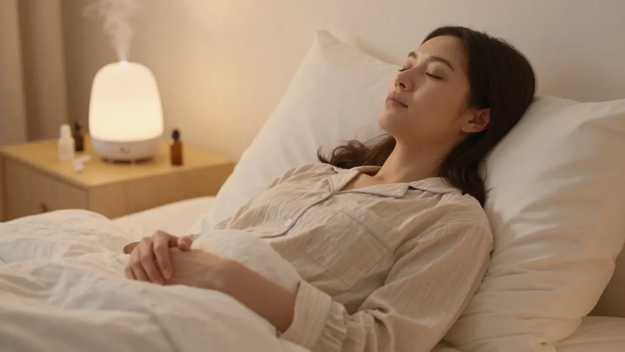 Žena v bavlněném prádle relaxuje pro snížení stresu a lepší spánek