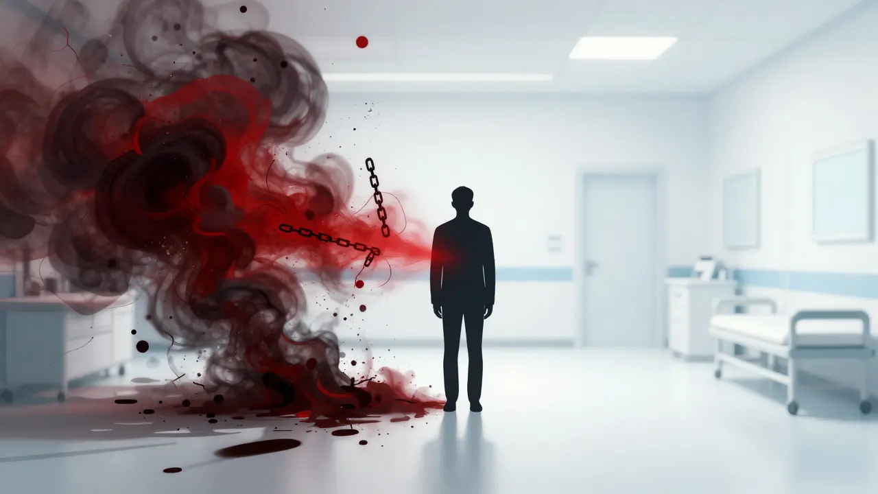 Abstraktní ilustrace přechodu z chaosu abstinenčních příznaků do klidu léčby
