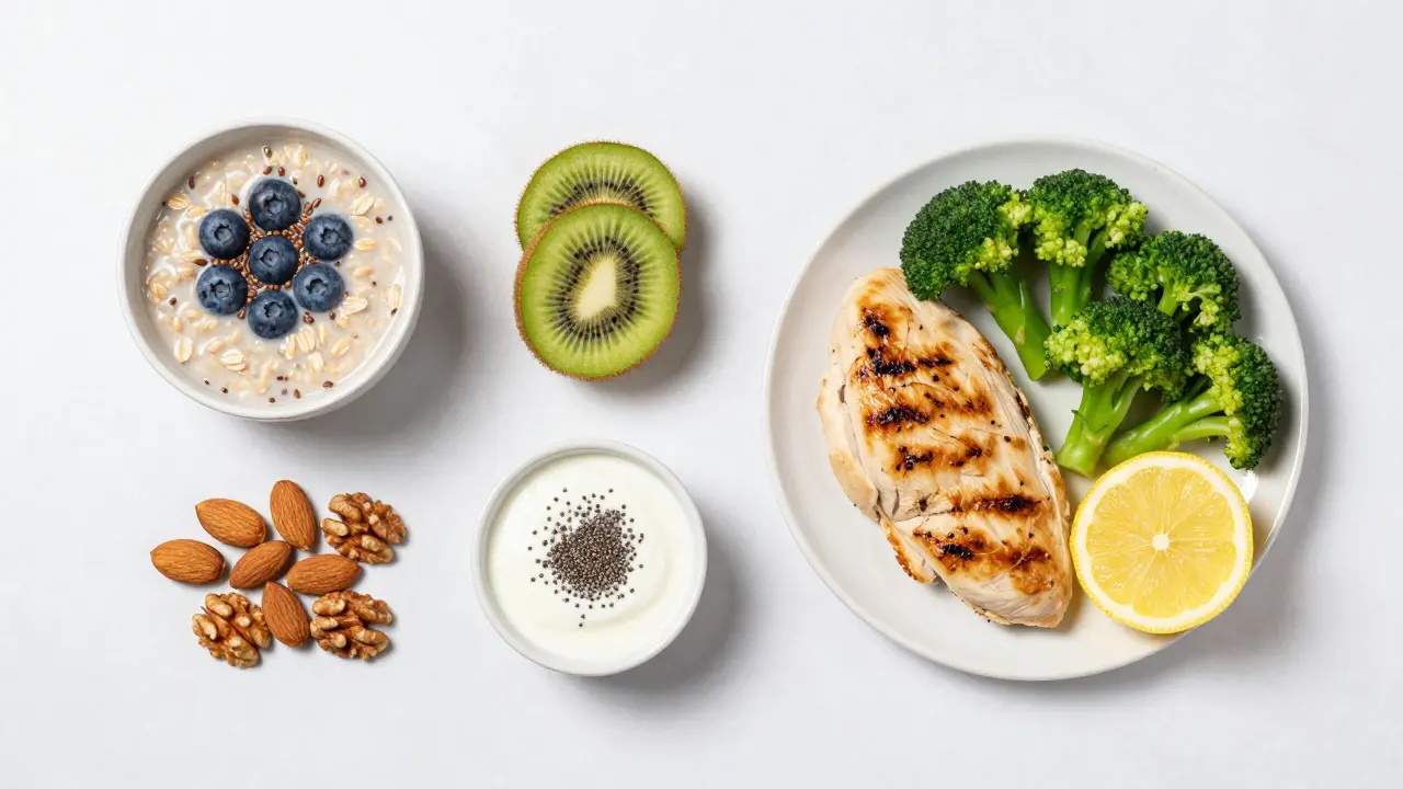 Flat lay of healthy meals including oats, chicken, and fruits