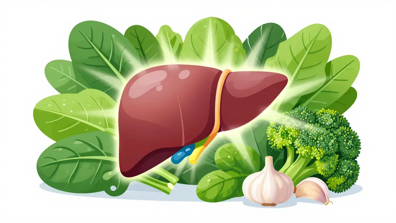 Ilustrace jater obklopená zeleninou a česnekem pro detoxikaci