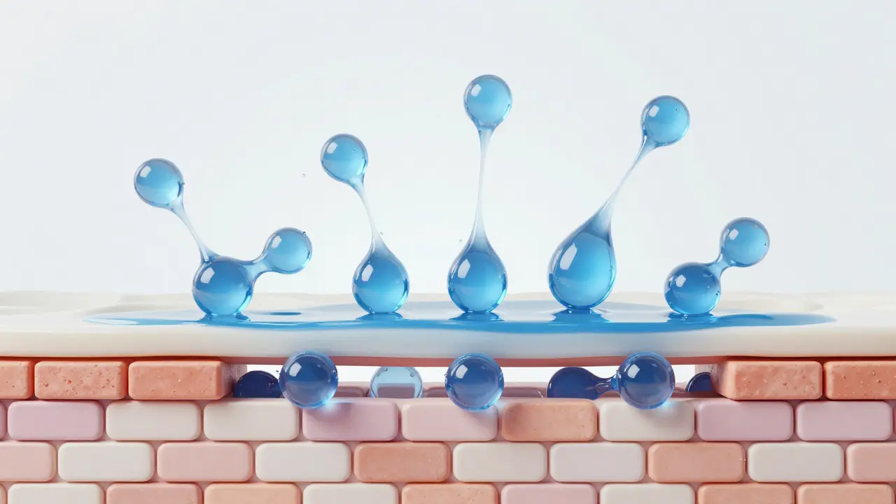 Ilustrace molekul kyseliny hyaluronové a ceramidů v kožní bariéře