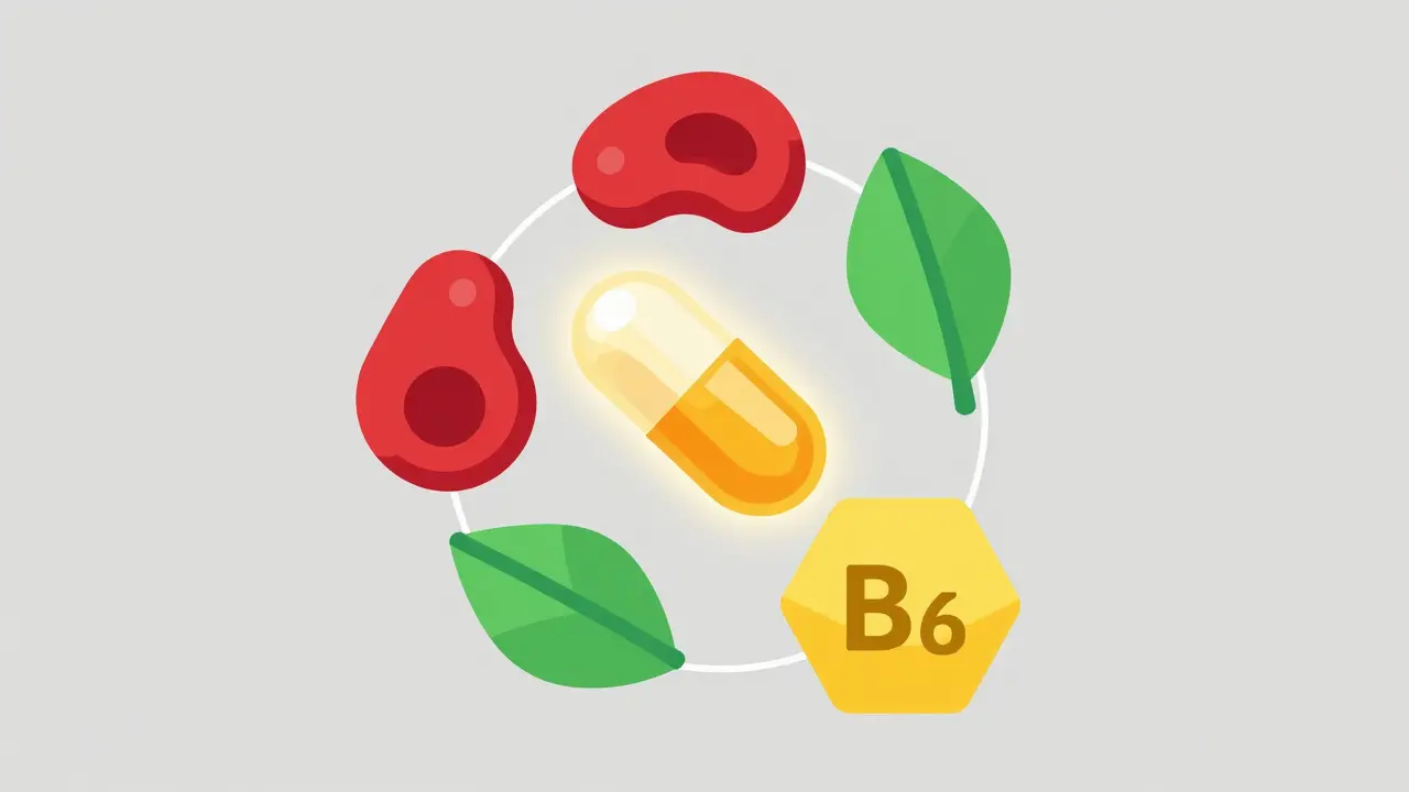 Ilustrace synergie vitamínu B12 s železem a foláty