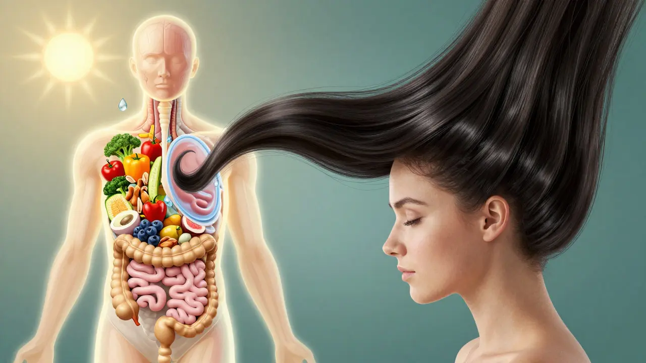 Konceptuální ilustrace vlivu stravy a zdraví na růst zdravých vlasů