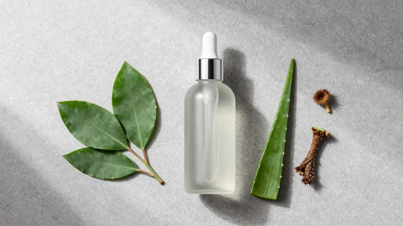 Přírodní ingredience jako čajovník a aloe vera vedle lahvičky s tonikem na vlasy
