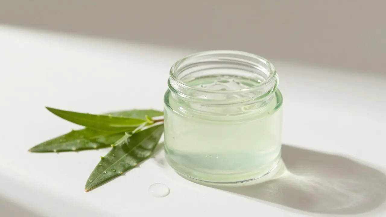 Skleněná nádoba s aloe vera gelem a čajovníkem pro hydrataci a péči o pleť