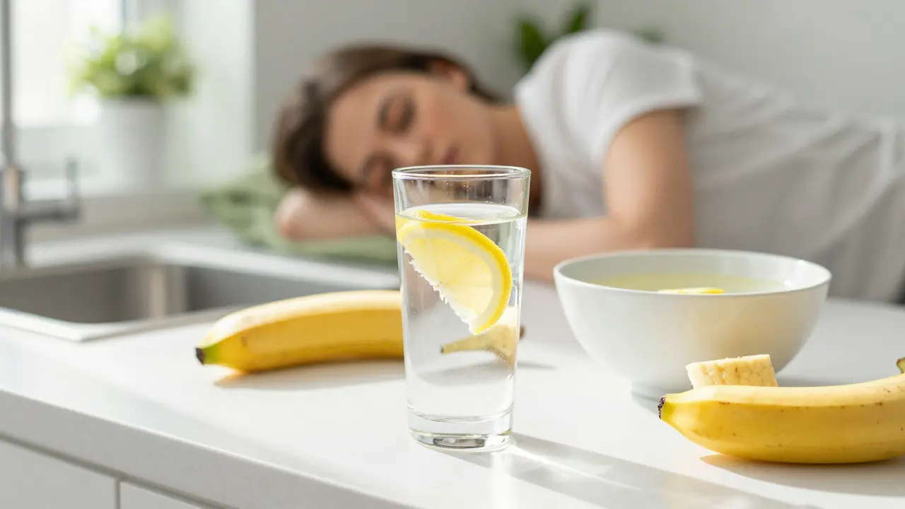 Sklenice vody s citronem, banán a polévka na kuchyňském pultu