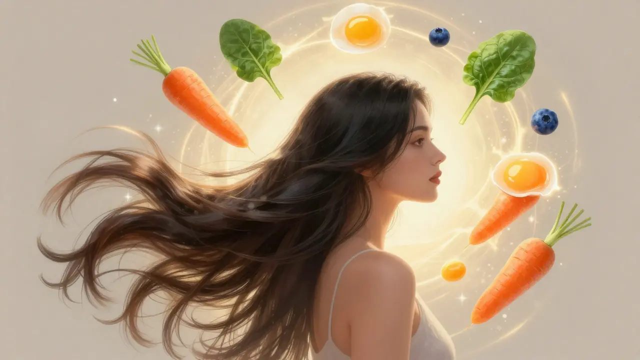 Woman with shiny hair surrounded by glowing healthy foods