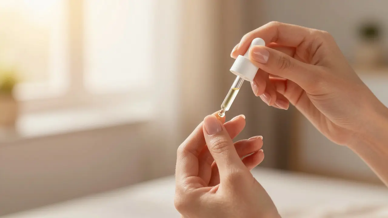 Žena nanáší olej na kutikulu pro hydrataci kůže kolem nehtů