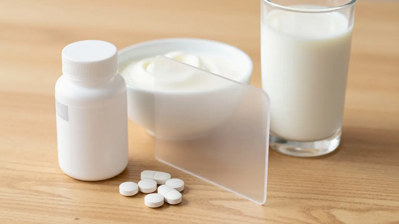 Antibiotika oddělené od mléčných výrobků na stole