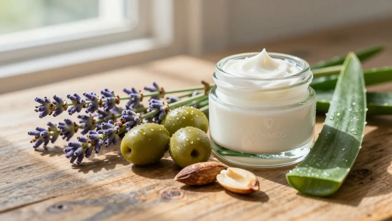 Čerstvé organické ingredience jako levandule a olivy vedle certifikované krému