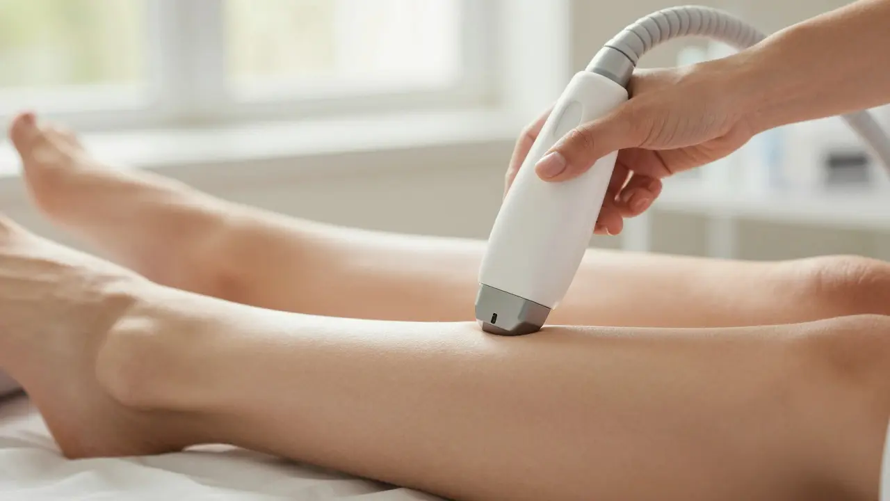 Detailní záběr na aplikaci IPL přístroje na holeně s důrazem na tenkou kůži nad kostí.
