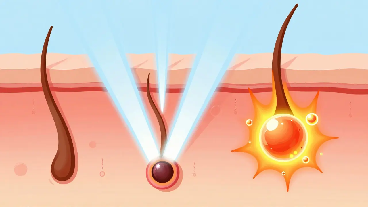 Ilustrace průniku IPL světla do kůže a absorpce melaninem versus tetováním.