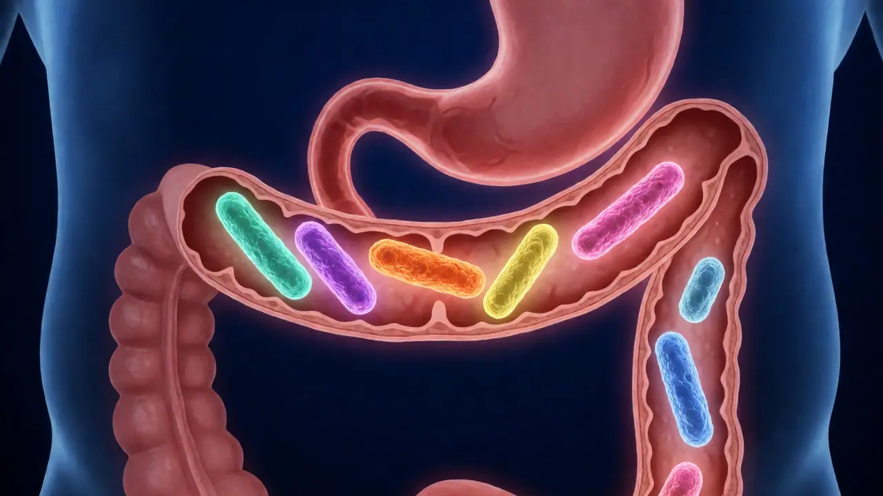 Ilustrace šesti druhů bakterií Lactobacillus ve střevech.