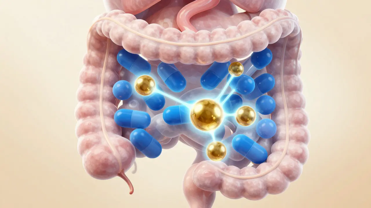 Konceptuální ilustrace vápníku z mléka blokujícího vstřebávání antibiotik ve střevech