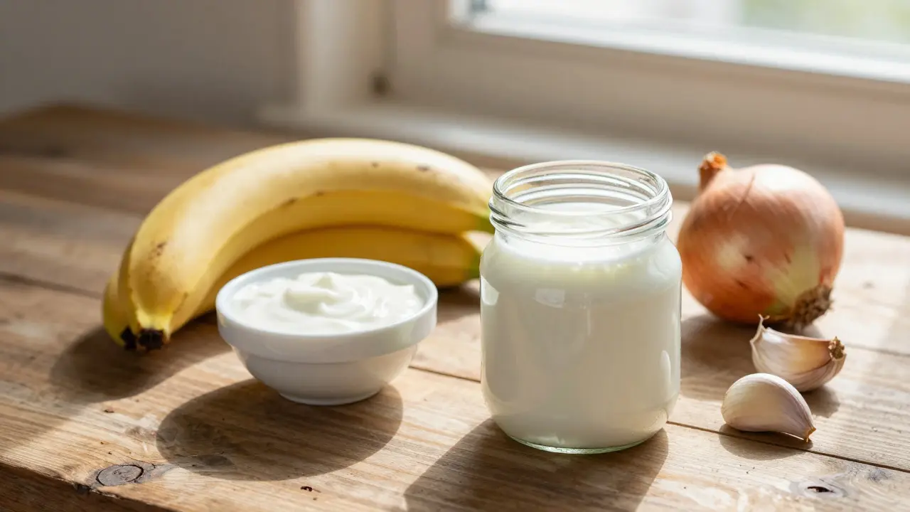 Přírodní zdroje probiotik: jogurt, kefír a česnek na stole