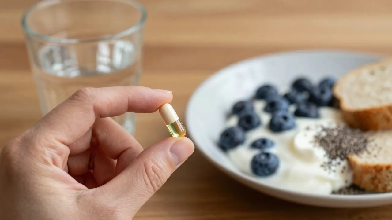 Ruka drží multivitamín vedle sklenice vody a zdravé snídaně