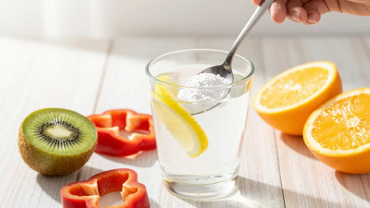Sklenice vody s citronem a práškem kolagenu vedle ovoce bohatého na vitamin C